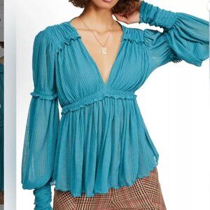 Free People Day Dreaming Emerald Green Puff Sleeve Top